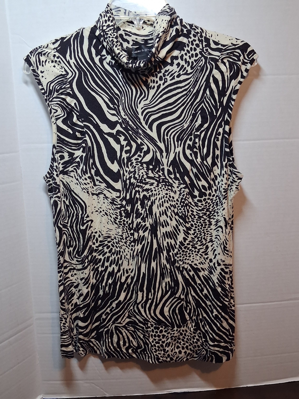 Cable & Gauge Black & Cream Animal-Print Mock Neck Tank